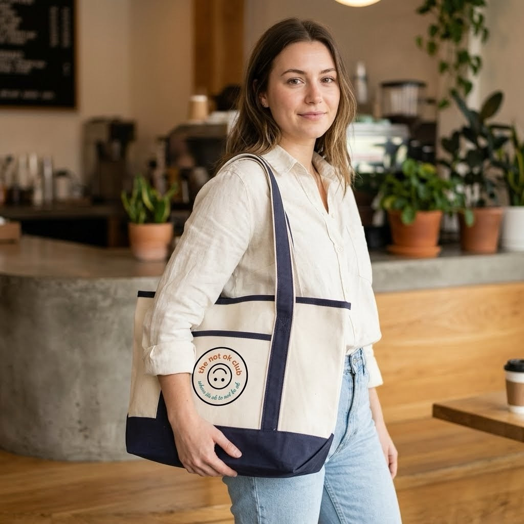 the not ok club natural and navy tote with stitched front text