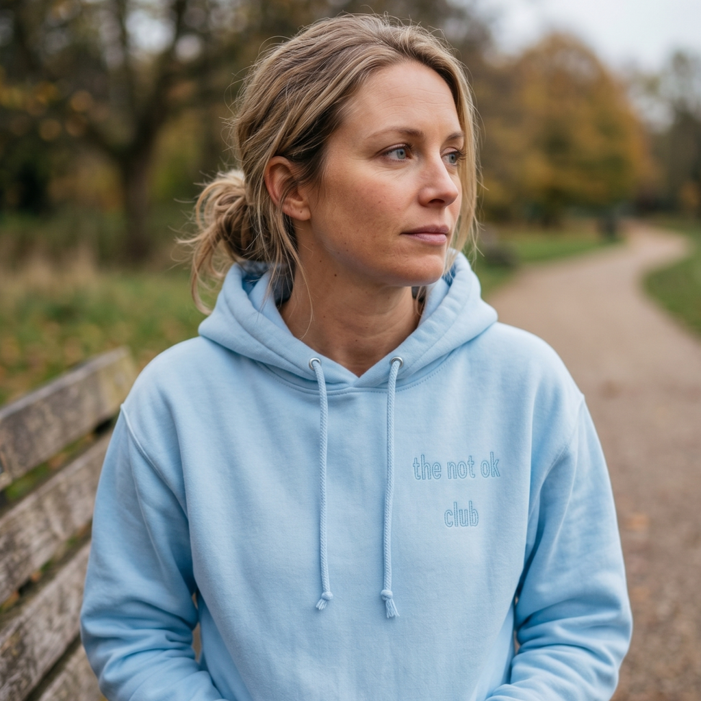 the not ok club patch hoodie in blue aqua with stitched patch detail