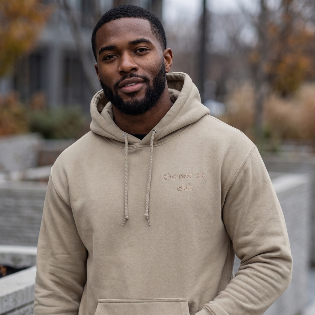 the not ok club patch hoodie in sandstone with stitched patch detail